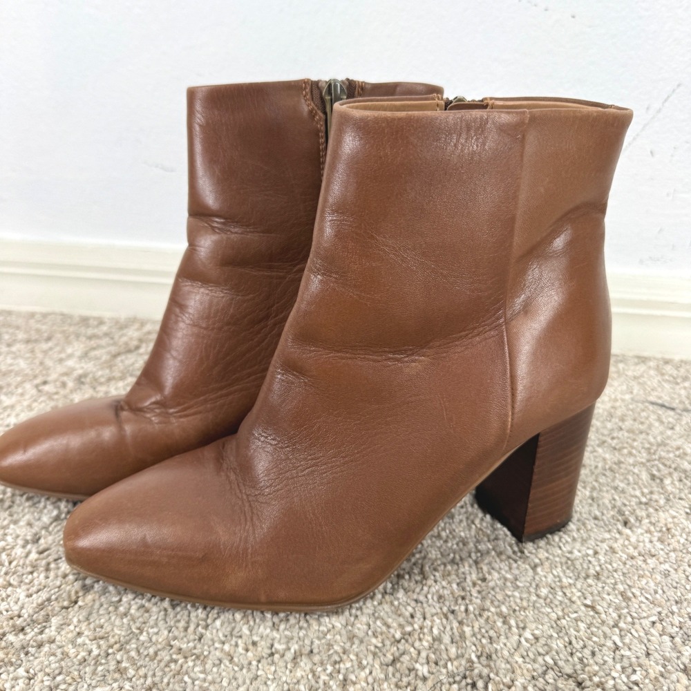 Aquatalia Brown Leather Ankle Boots Booties Italy Block Heel Pointed Toe Size 7
